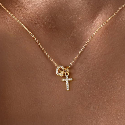 Delicate Initial and Cross Diamond Pendant Necklace