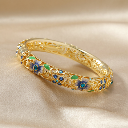 Luxurious 14k Gold Diamond Floral Bangle Bracelets