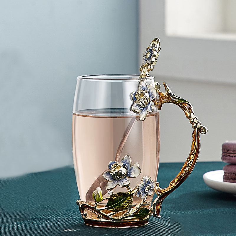 Romantic Floral Glass Mug for Coffee Tea Lovers