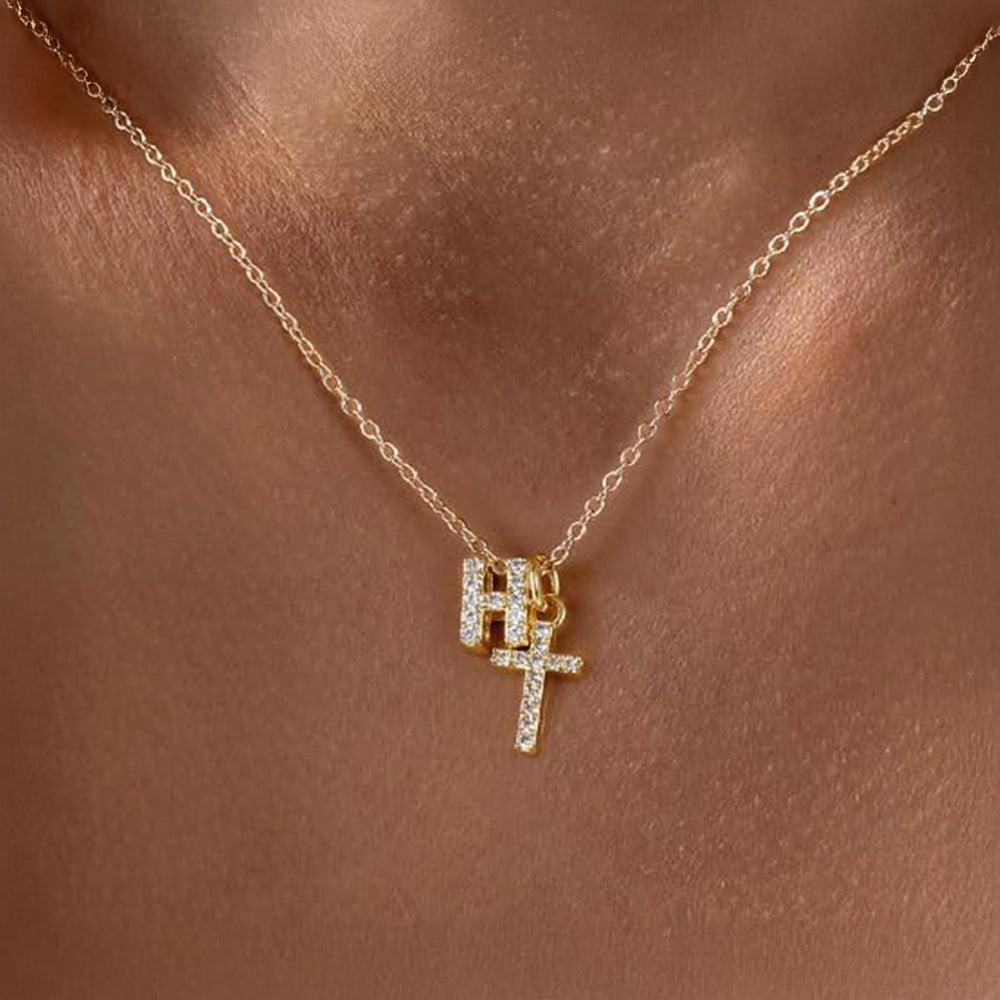 Delicate Initial and Cross Diamond Pendant Necklace