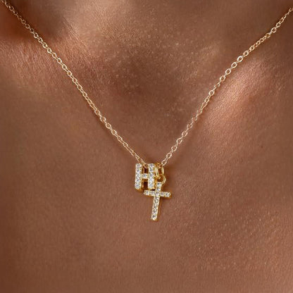 Delicate Initial and Cross Diamond Pendant Necklace