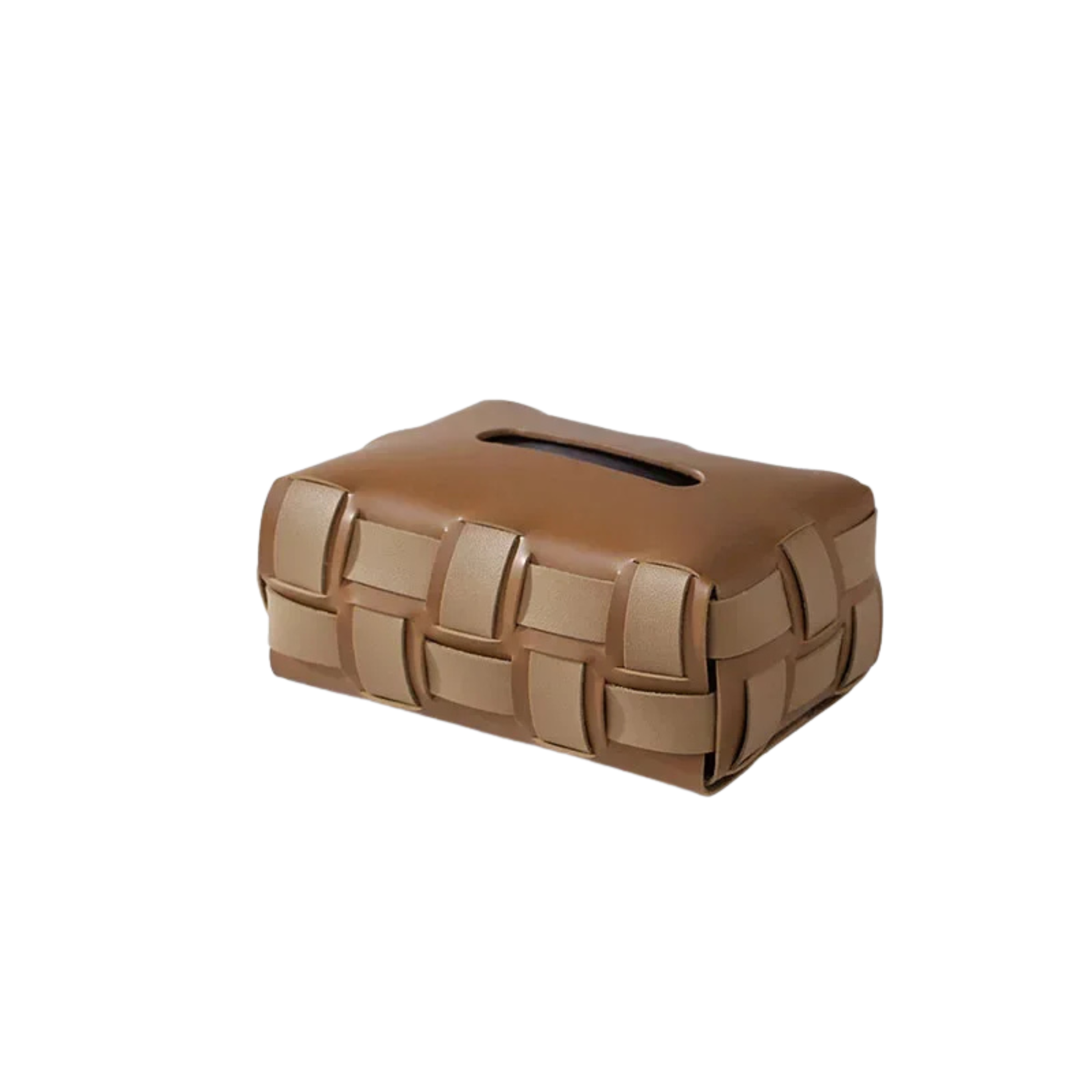 Brown woven tissue box cover on a white background