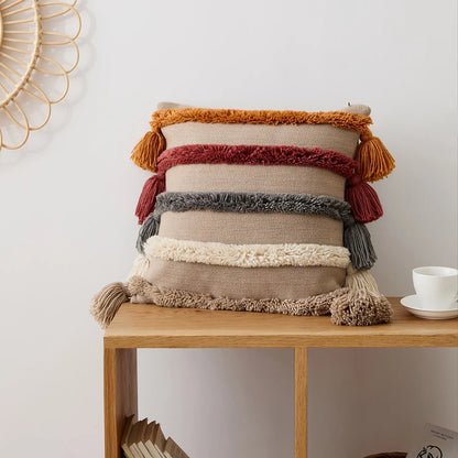 Colorful Striped Fringed Throw Pillow Cover