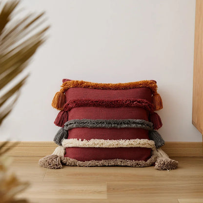 Colorful Striped Fringed Throw Pillow Cover