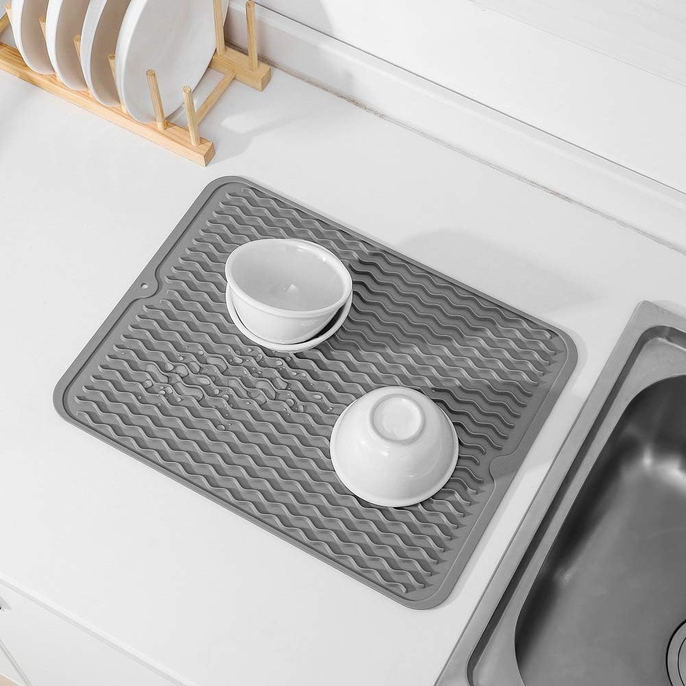 Heat-Resistant Silicone Kitchen Mat – Non-Slip Dish Drying Mat and Drawer Insert – BPA Free, 40x30 cm, Grey/Blue/Transparent 4