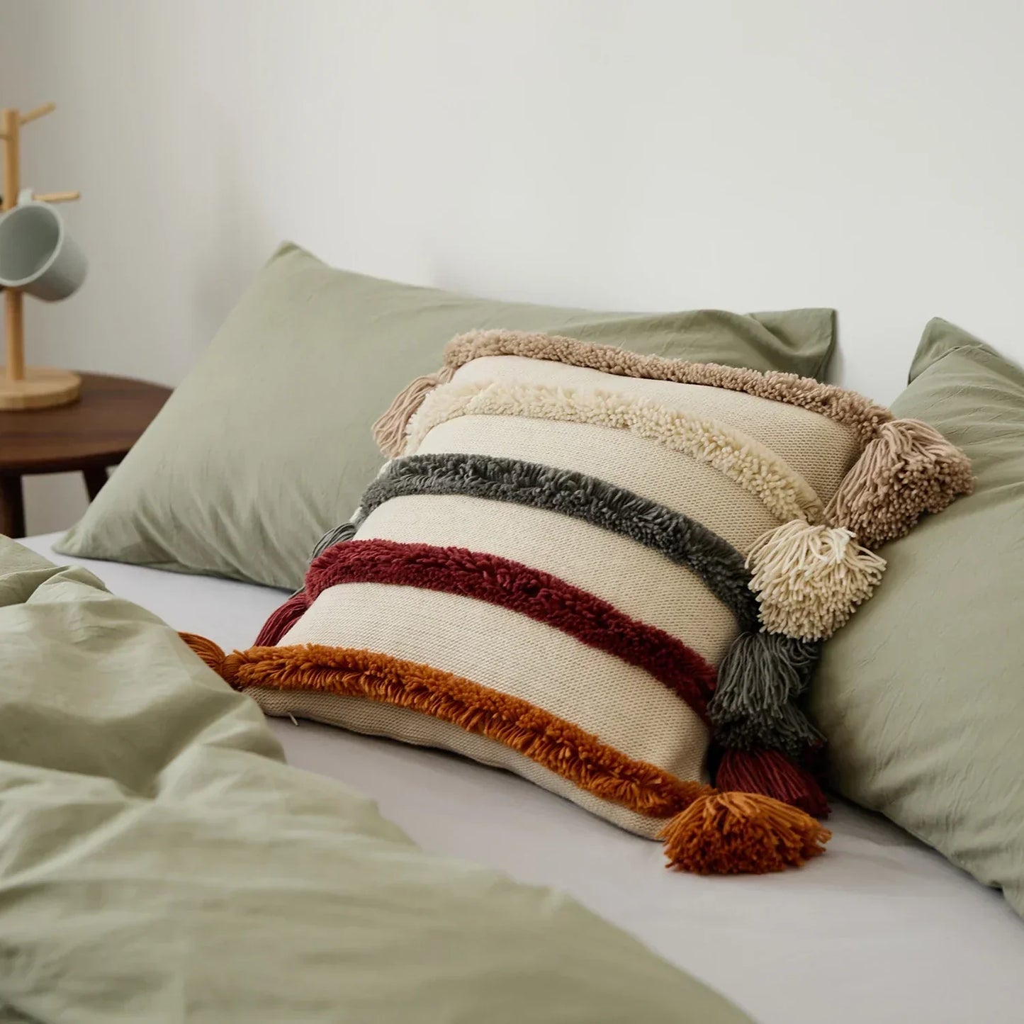 Colorful Striped Fringed Throw Pillow Cover
