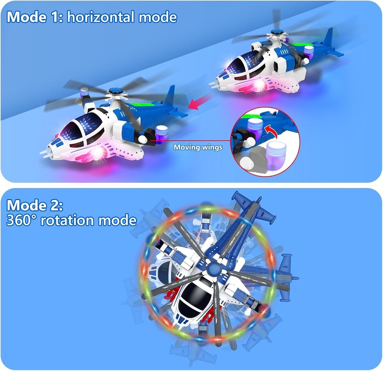 Helicopter Toy with Lights and Sounds, 360° Spin, Obstacle Sensor, Battery-Free, Child-Safe Design, Safe for Kids 3+