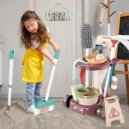 Kid's Cleaning Play Set with Broom, Bucket and Accessories - Halri