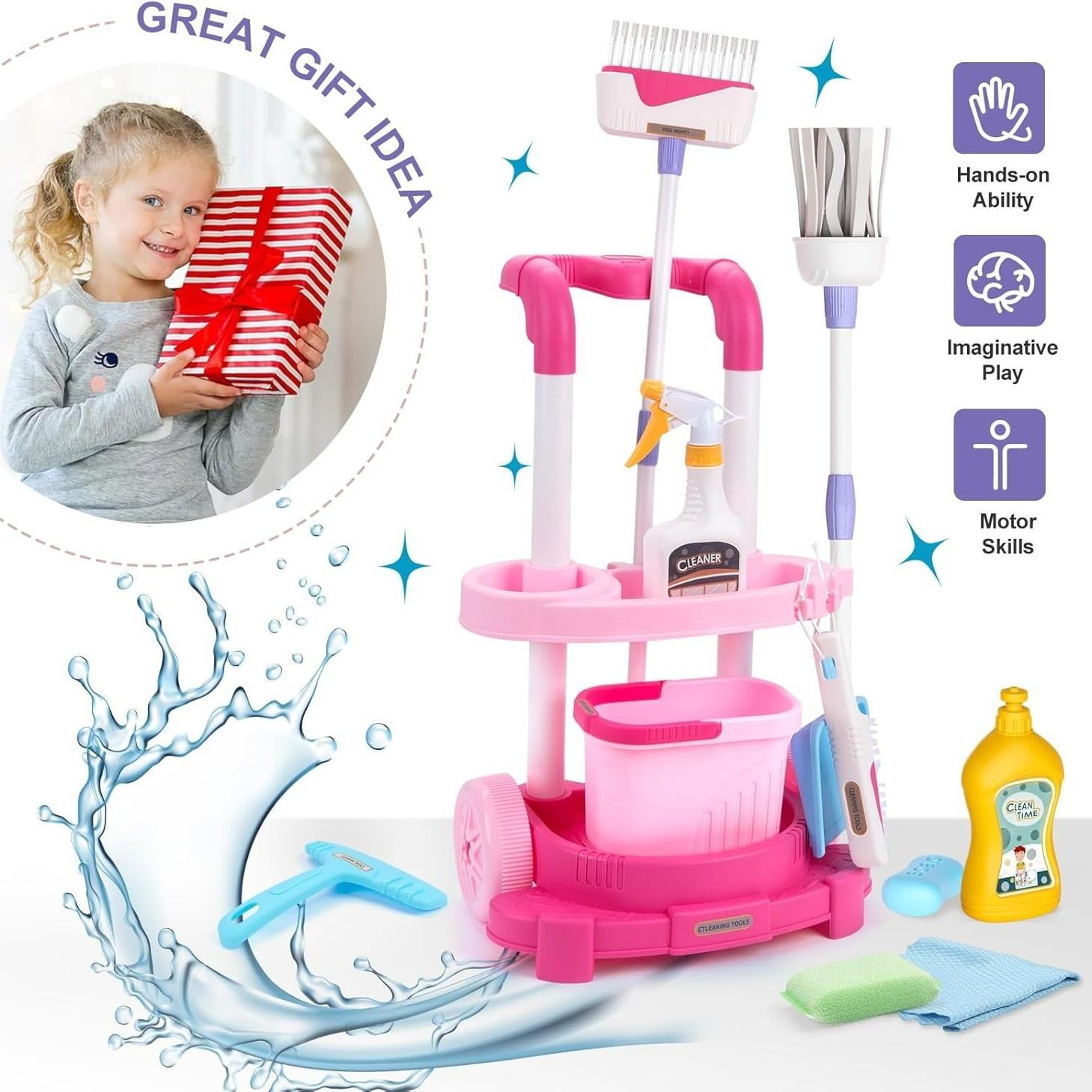 Housekeeping Cleaning Trolley Playset Caddy Includes Accessories and Toy Vacuum, Safe for Ages 3+