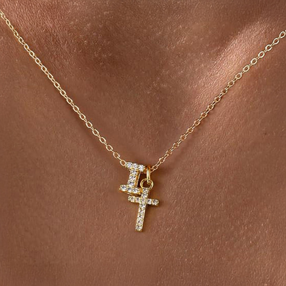 Delicate Initial and Cross Diamond Pendant Necklace