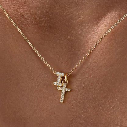 Delicate Initial and Cross Diamond Pendant Necklace