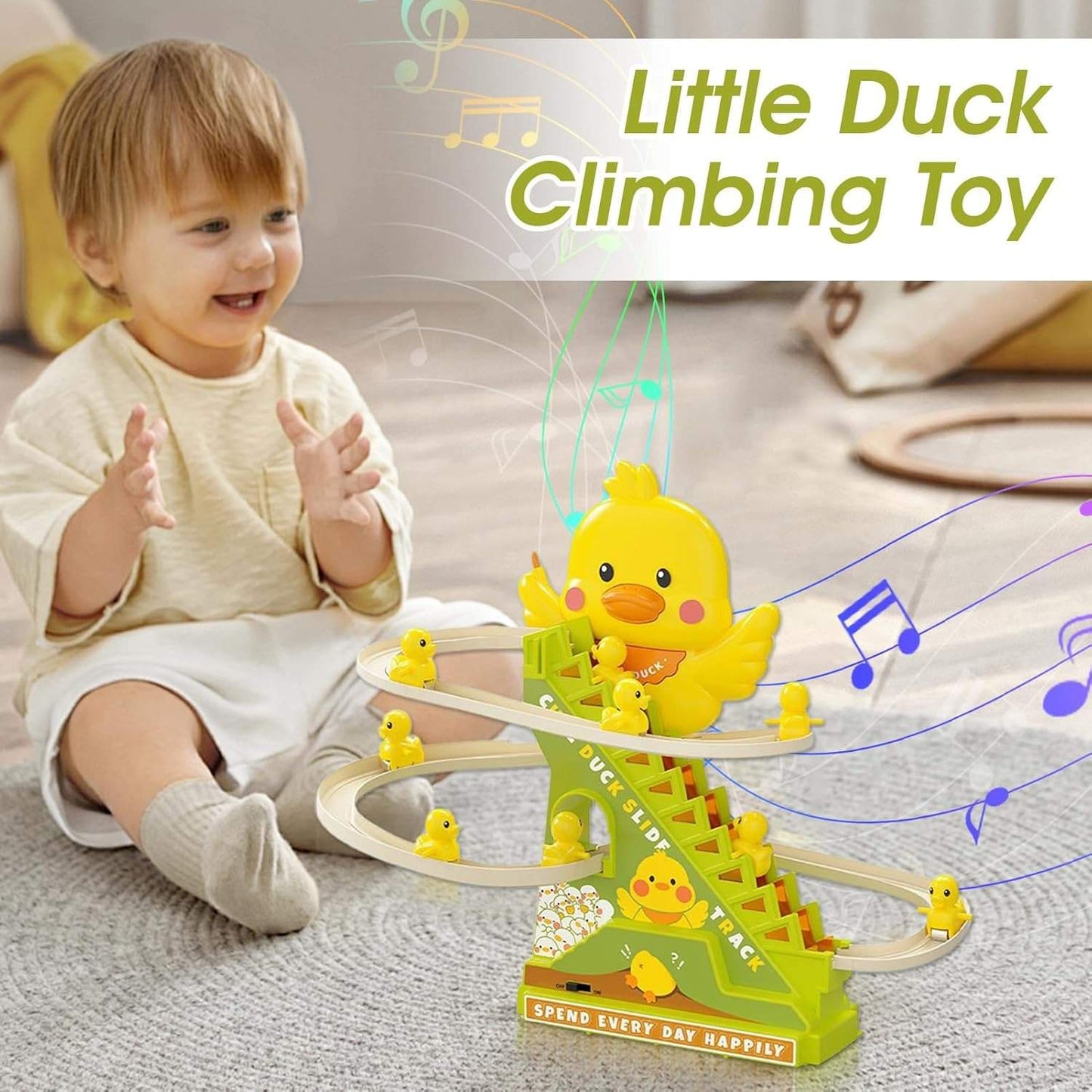 Interactive Duck Climbing Stairs Toy with Music, LED Lights & Educational, Safe for Kids 3+