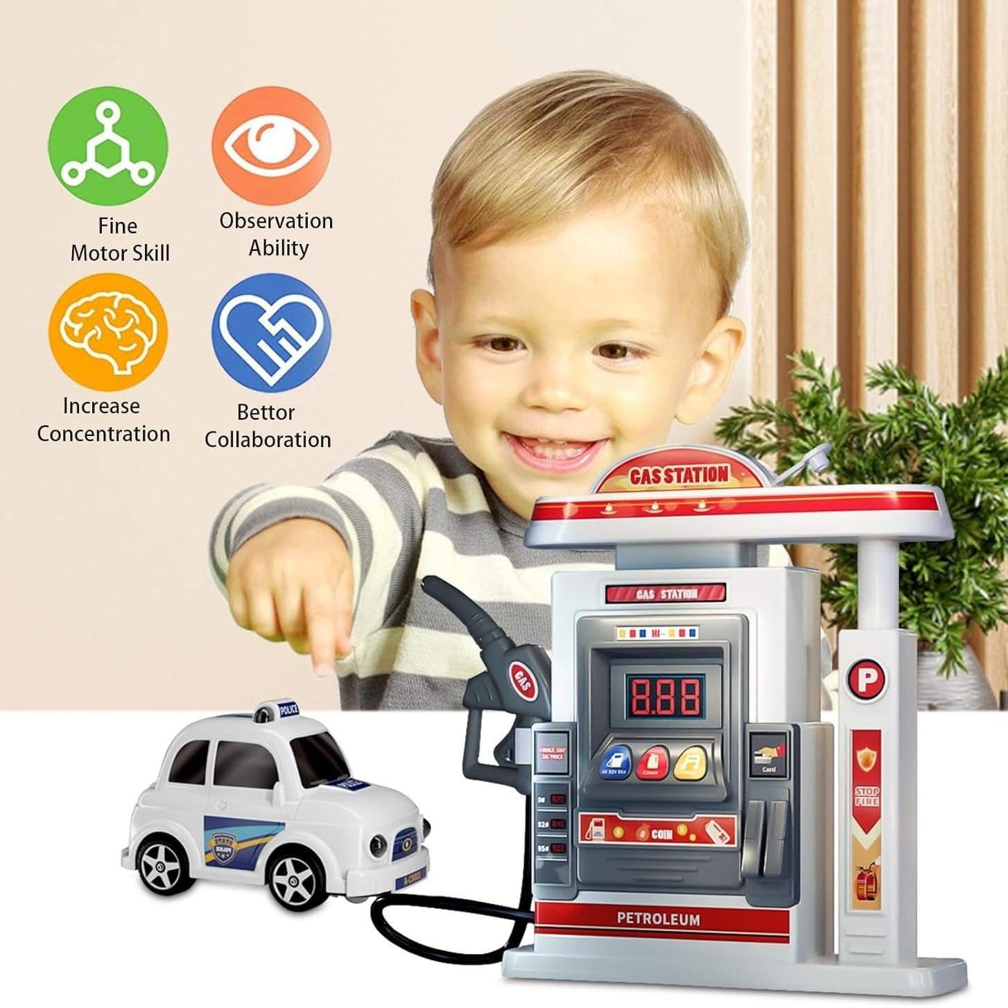 Interactive Gas Station Toy Set with Water Spray Pump, Light & Music Police Car, Safe for Kids Ages 3+