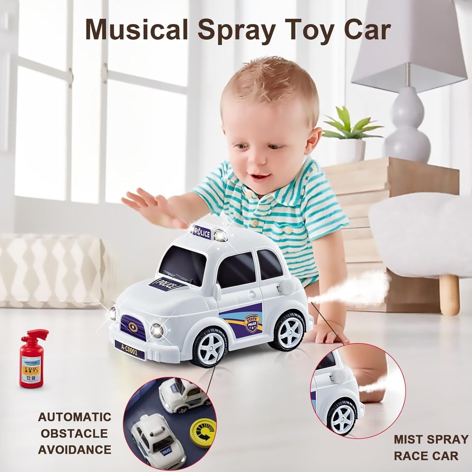Interactive Gas Station Toy Set with Water Spray Pump, Light & Music Police Car, Safe for Kids Ages 3+