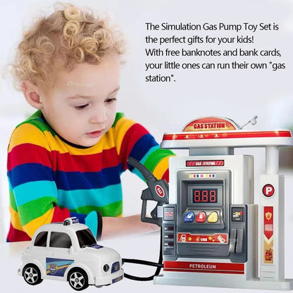 Interactive Gas Station Toy Set with Water Spray Pump, Light & Music Police Car, Safe for Kids Ages 3+