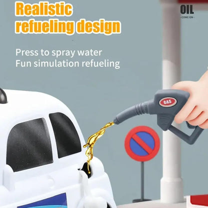 Interactive Gas Station Toy Set with Water Spray Pump, Light & Music Police Car, Safe for Kids Ages 3+