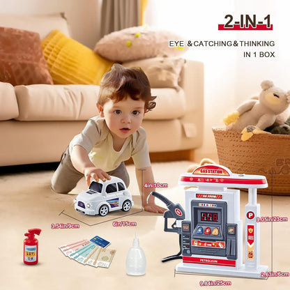 Interactive Gas Station Toy Set with Water Spray Pump, Light & Music Police Car, Safe for Kids Ages 3+