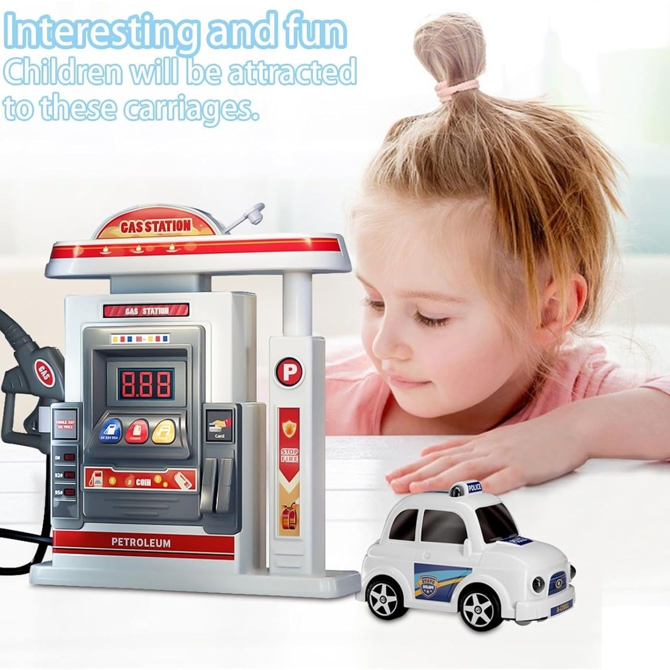 Interactive Gas Station Toy Set with Water Spray Pump, Light & Music Police Car, Safe for Kids Ages 3+