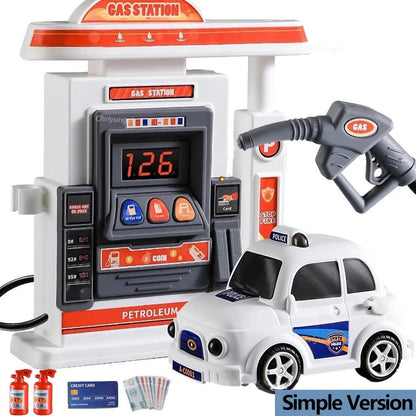 Interactive Gas Station Toy Set with Water Spray Pump, Light & Music Police Car, Safe for Kids Ages 3+