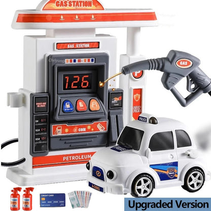 Interactive Gas Station Toy Set with Water Spray Pump, Light & Music Police Car, Safe for Kids Ages 3+