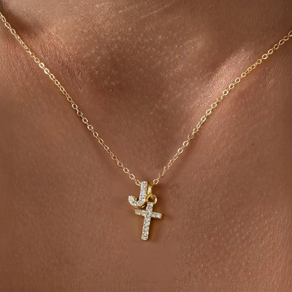 Delicate Initial and Cross Diamond Pendant Necklace