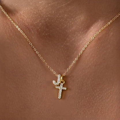Delicate Initial and Cross Diamond Pendant Necklace