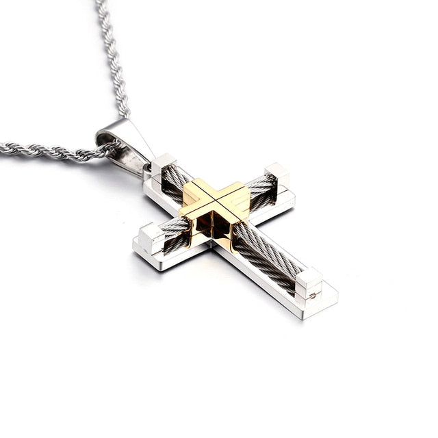 Silver Tone Cross Beaded Men's Necklace Pendant