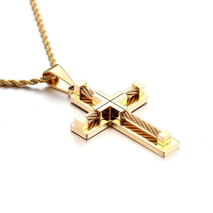 Silver Tone Cross Beaded Men's Necklace Pendant