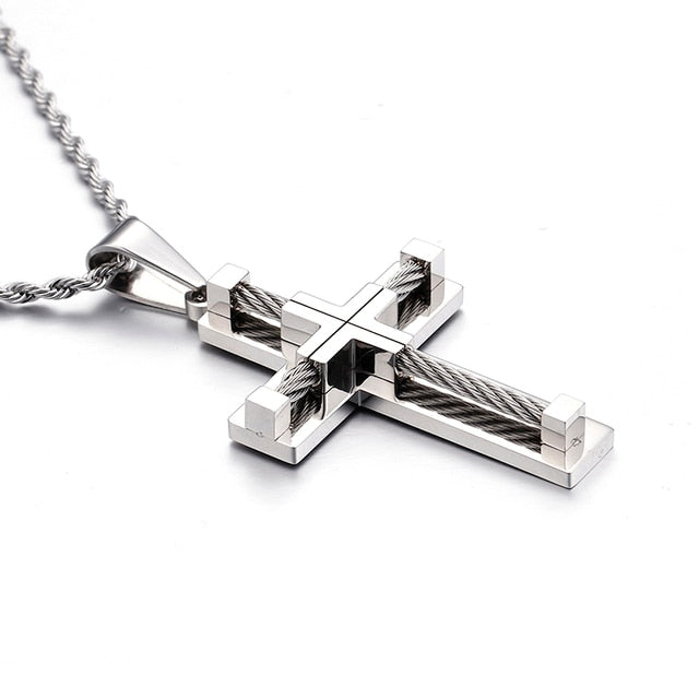 Silver Tone Cross Beaded Men's Necklace Pendant