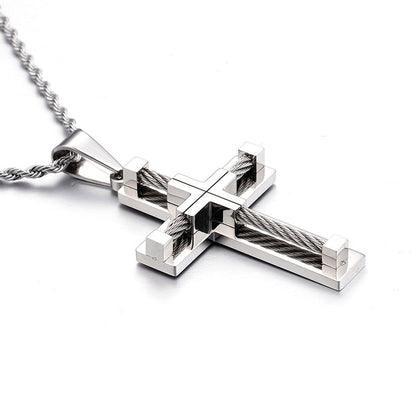 Silver Tone Cross Beaded Men's Necklace Pendant