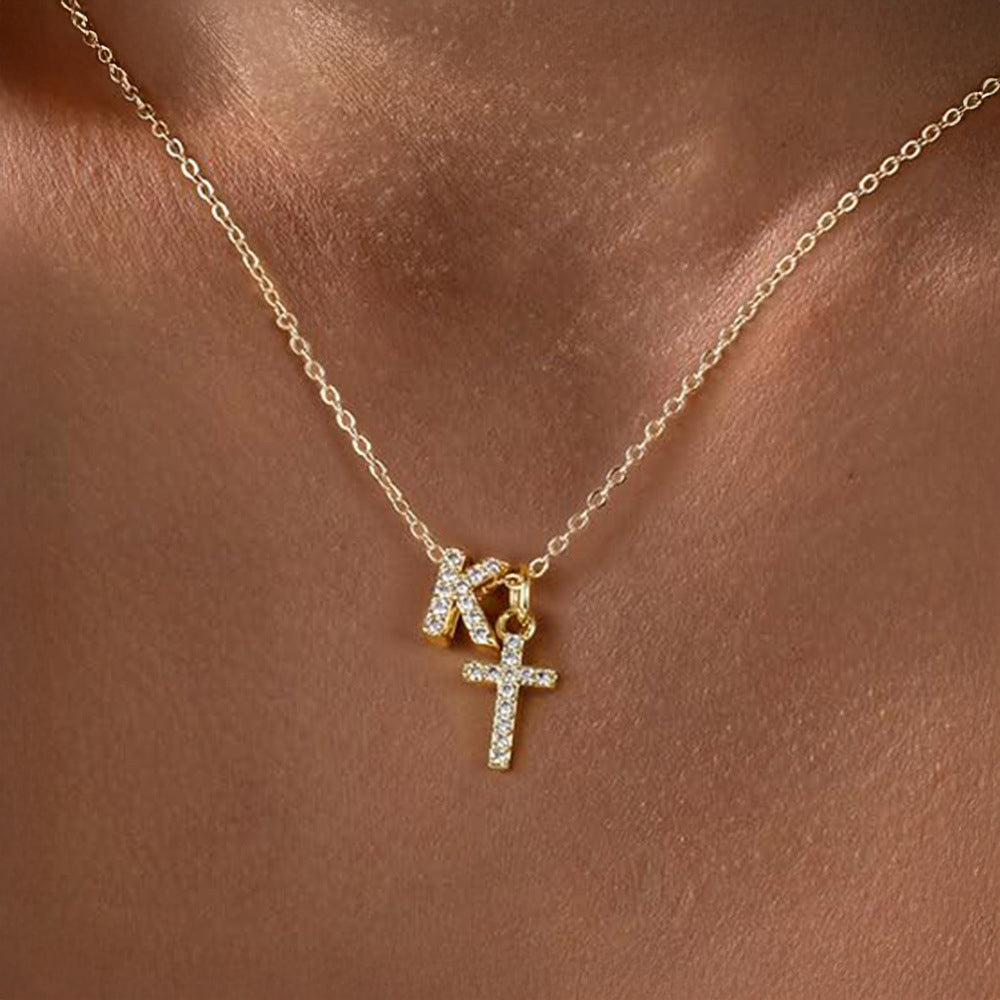 Delicate Initial and Cross Diamond Pendant Necklace