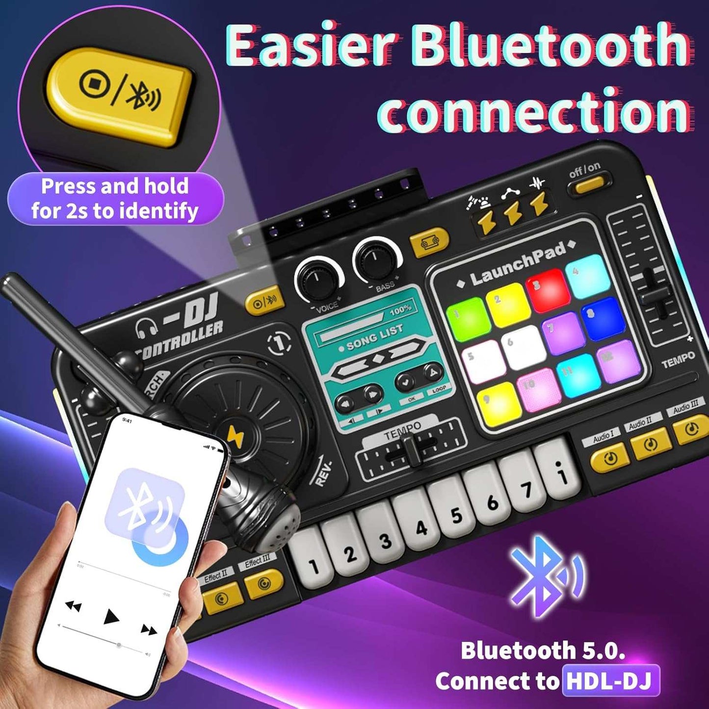 Kids DJ Mixer Music Toy with Microphone – Light-Up DJ Controller with Sound Effects and Bluetooth Function Safe For Ages 3+