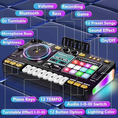 Kids DJ Mixer Music Toy with Microphone – Light-Up DJ Controller with Sound Effects and Bluetooth Function Safe For Ages 3+