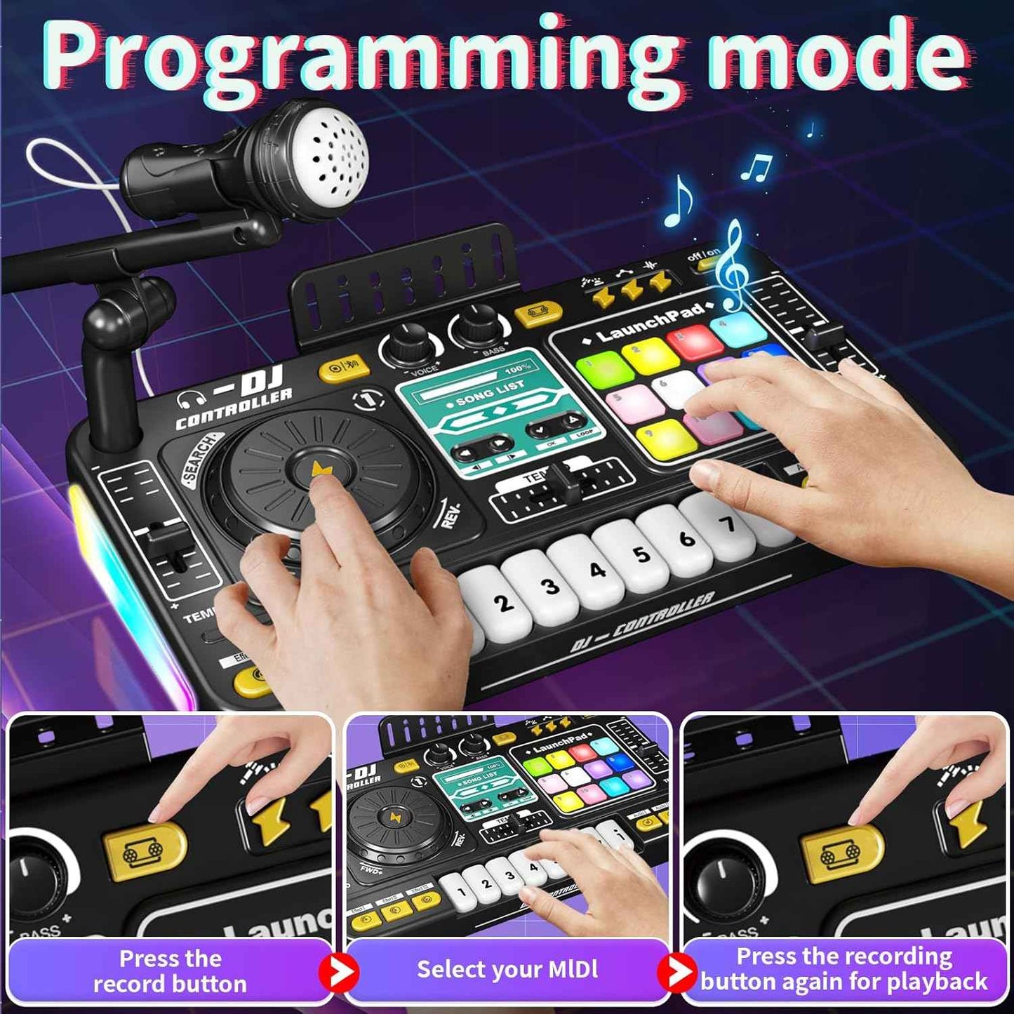 Kids DJ Mixer Music Toy with Microphone – Light-Up DJ Controller with Sound Effects and Bluetooth Function Safe For Ages 3+