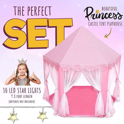 Kids Indoor & Outdoor Playhouse Tent with Foldable, Portable Design, LED Star String Lights and Breathable Mesh Curtains, Safe for Ages 3+