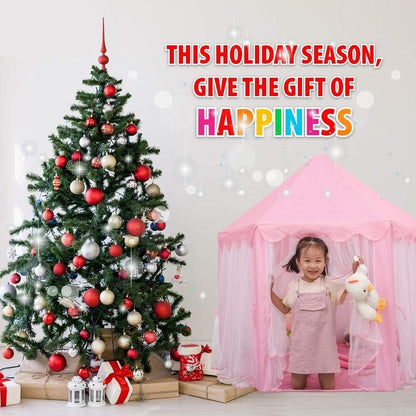 Kids Indoor & Outdoor Playhouse Tent with Foldable, Portable Design, LED Star String Lights and Breathable Mesh Curtains, Safe for Ages 3+