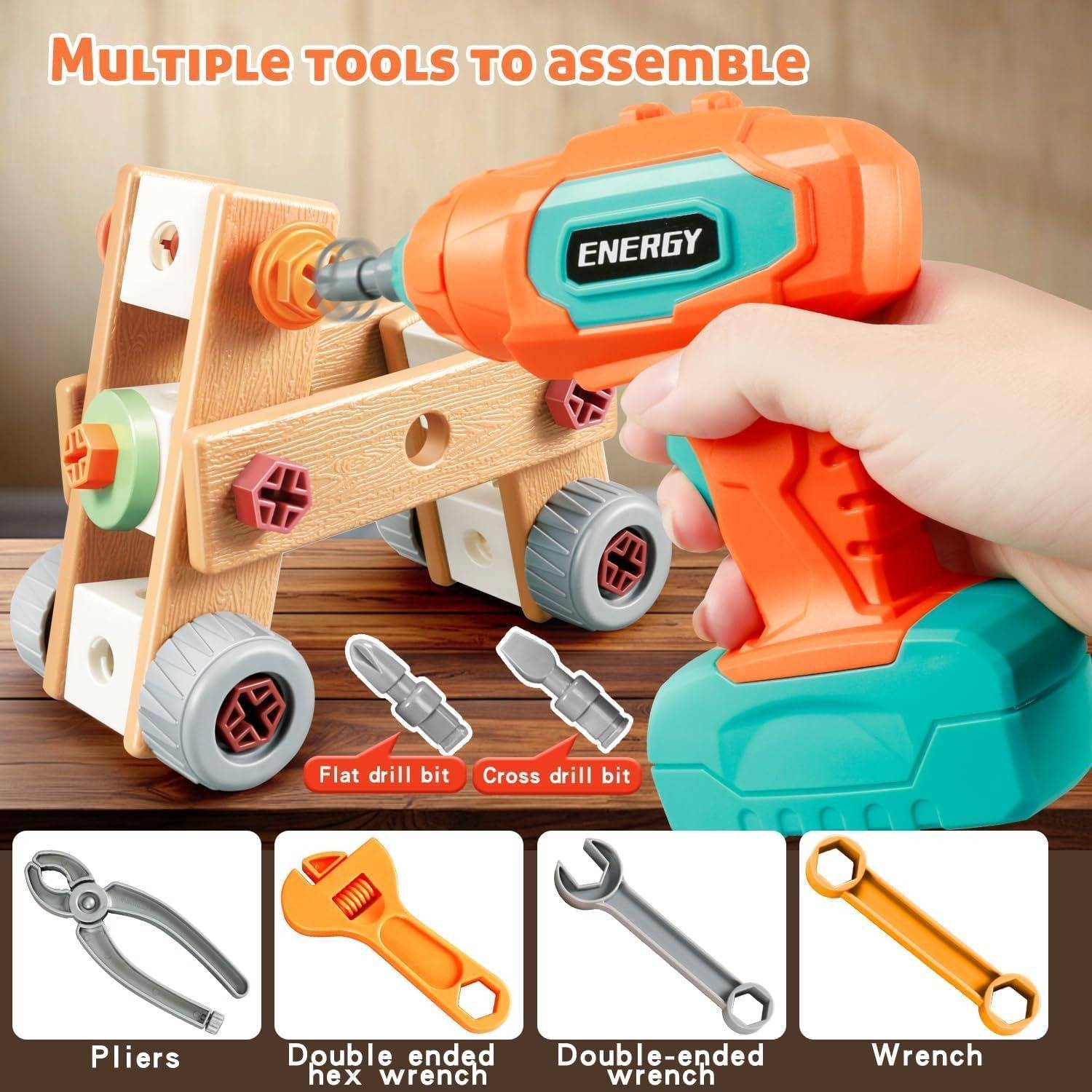 Kids Tool Set Construction With Drill & Screwdriver, Assembly Play, Repair Simulation, Tool Storage Box for Ages 3+