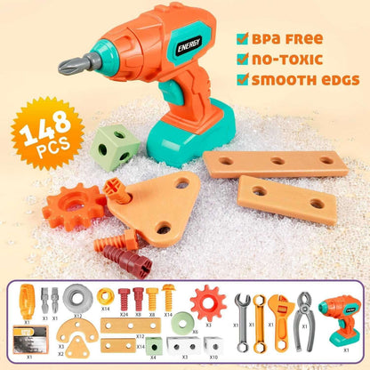 Kids Tool Set Construction With Drill & Screwdriver, Assembly Play, Repair Simulation, Tool Storage Box for Ages 3+