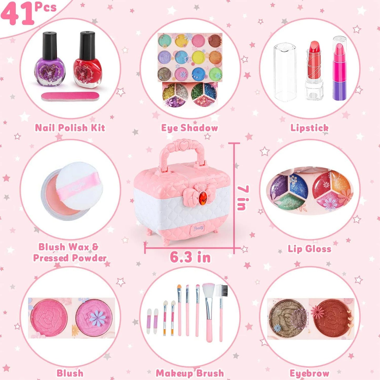 Kids Washable Makeup Beauty Kit with Cosmetic Case, Compact and Easy to Carry, Safe for Ages 3+
