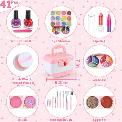 Kids Washable Makeup Beauty Kit with Cosmetic Case, Compact and Easy to Carry, Safe for Ages 3+