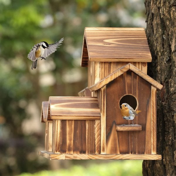 Natural Wood 6 Hole Bird Feeder House