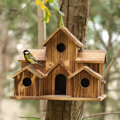 Natural Wood 6 Hole Bird Feeder House
