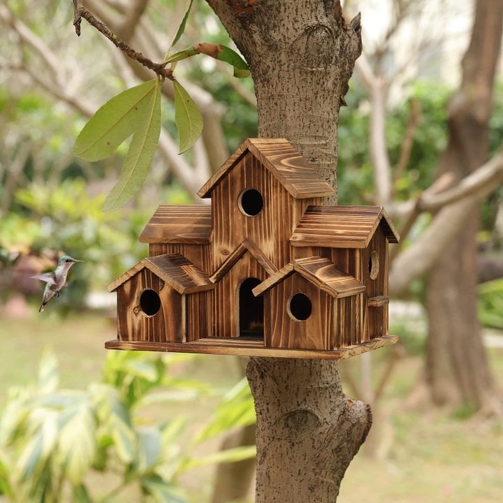 Natural Wood 6 Hole Bird Feeder House
