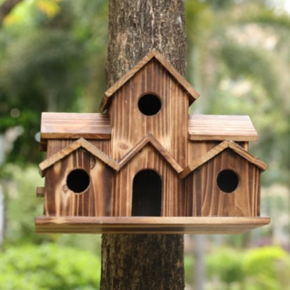 Natural Wood 6 Hole Bird Feeder House