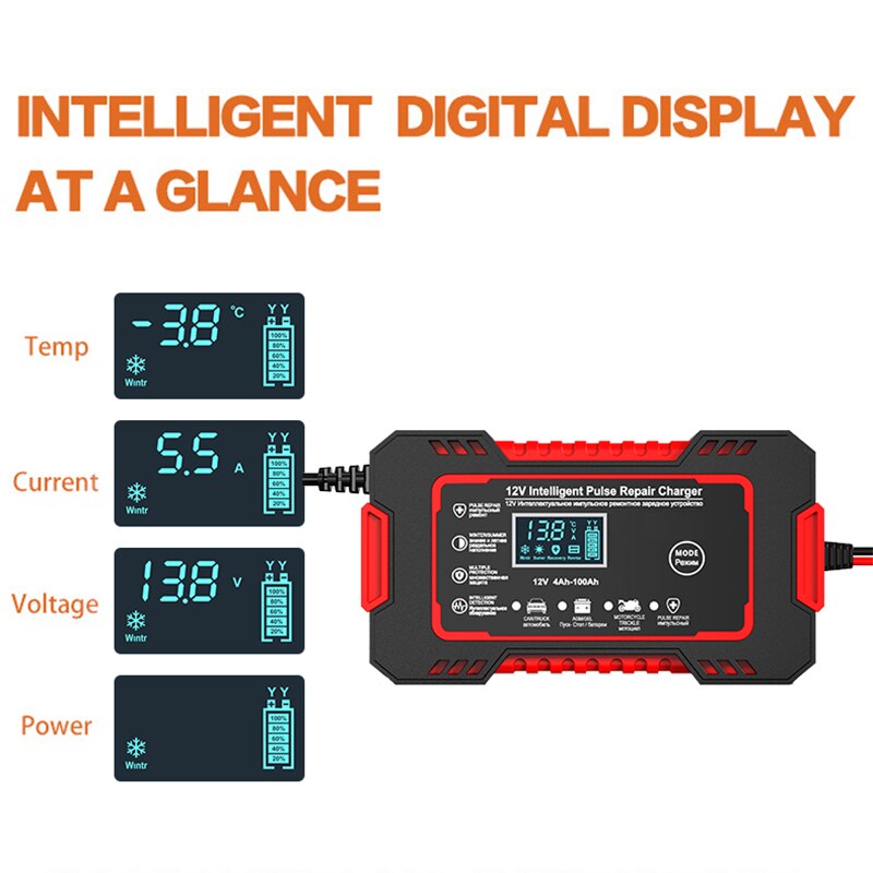 Universal 12V 6A Car Battery Charger with LCD Screen