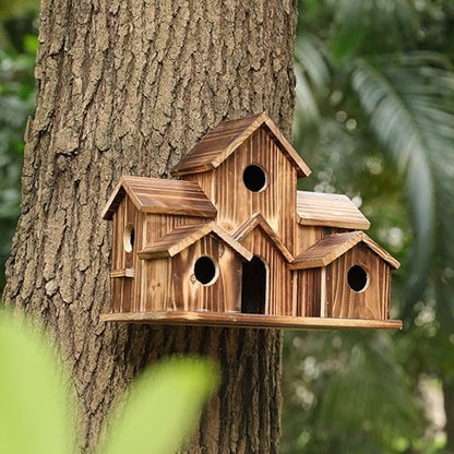 Natural Wood 6 Hole Bird Feeder House