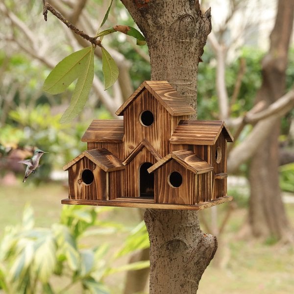 Natural Wood 6 Hole Bird Feeder House