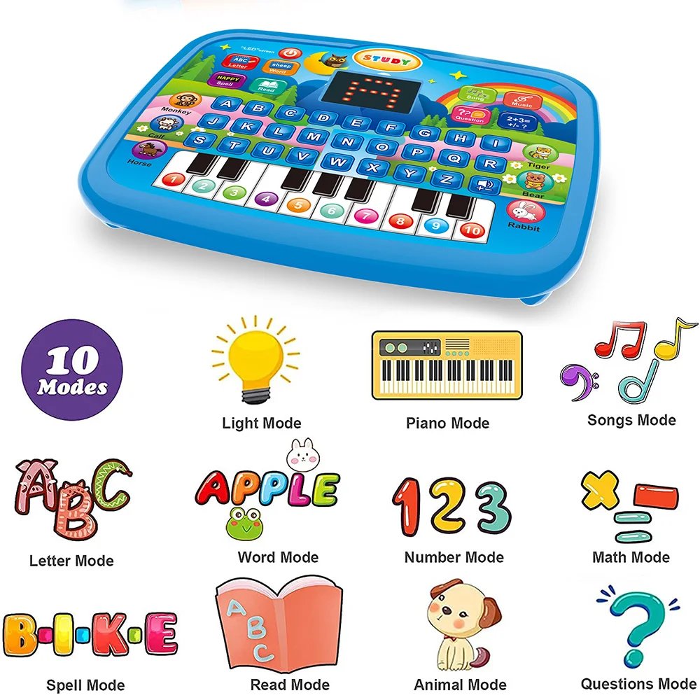 LED Interactive Learning Tablet for Kids Aged 1-6, Alphabet, Numbers, Music & Animal Piano Keys