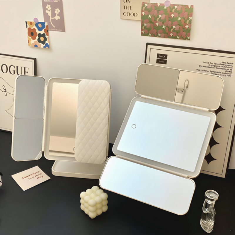 LED Vanity Mirror with Lights, Adjustable Viewing Angle, 2x/3x Magnifying Makeup Mirror, Foldable Design with Storage Tray 3