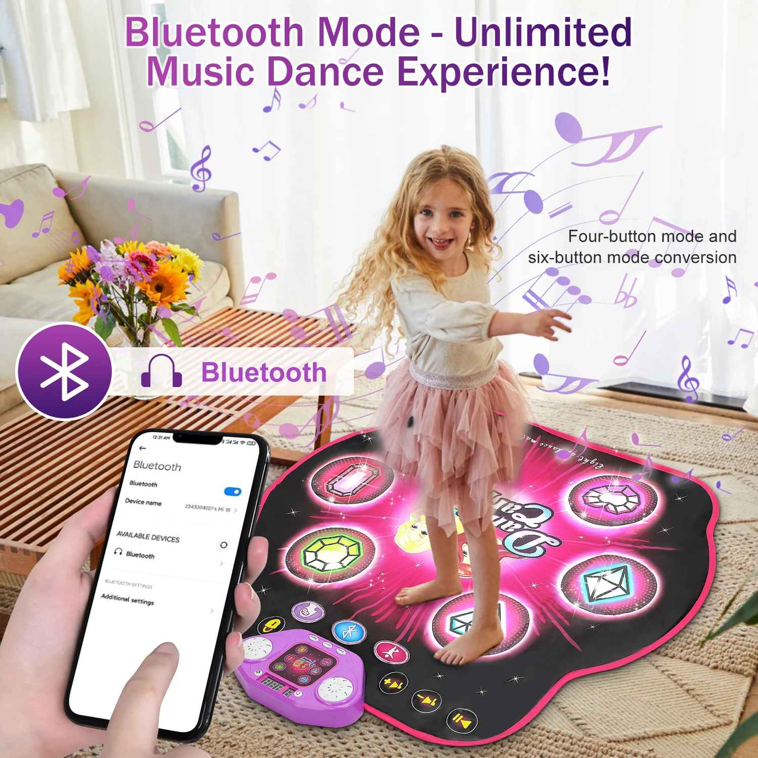 Light-Up Dance Mat for Kids, Bluetooth Music, Rechargeable Game Pad